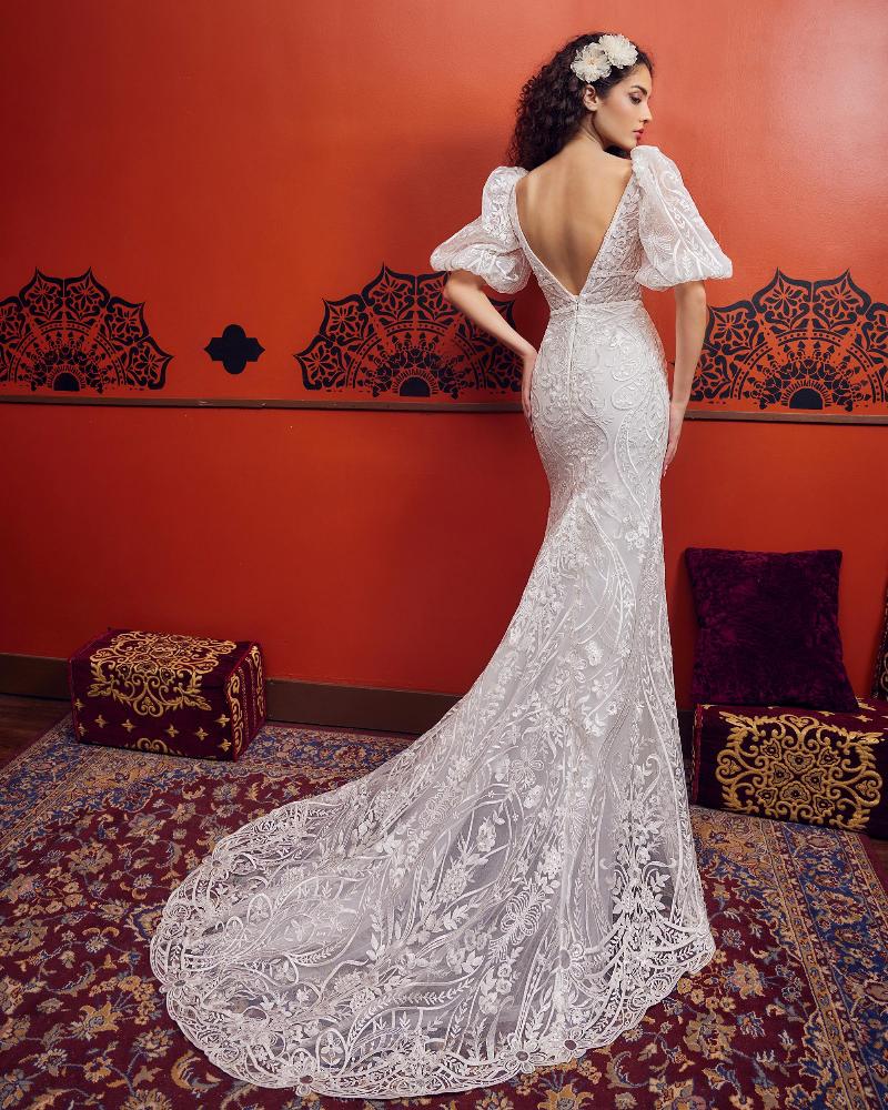 Lp2352 lace deep v wedding dress with lace cap sleeves2